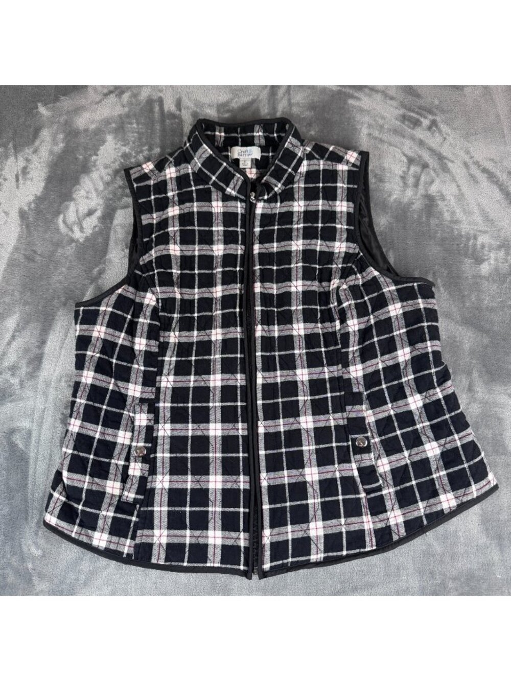Croft & Barrow Black & White SZ XL Plaid Full Zip Women's Vest Pockets Adjustabl
